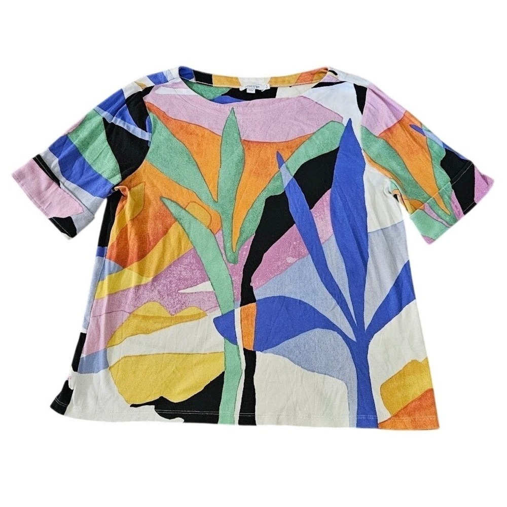 Chico's Pima Cotton Top Women XL Abstract Tropical Leaf Print Multicolor Shirt